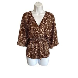 Brown Cream Blouse Top Shirt  Size M Faux Wrap Dotted Lightweight Kimono sleeves